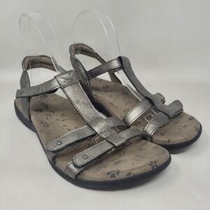 Taos Trophy 2 Sandals 8 Pewter Metallic Leather T-Strap Hook Loop Comfort